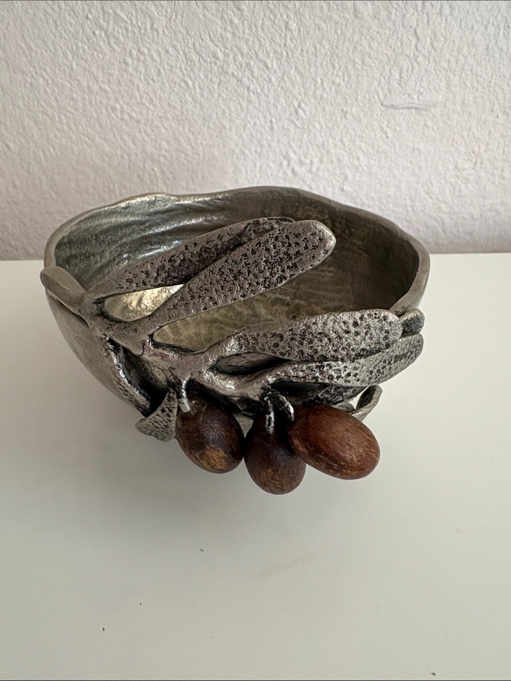 Handcrafted Silver-Tone Olive Branch Nut Bowl with Wood Accents